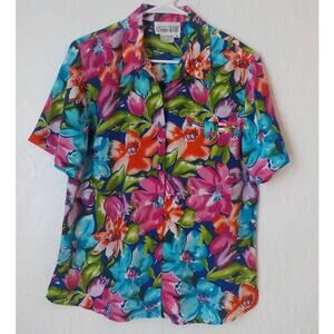VTG Christie Jill Floral Button Up Shirt Women Medium Multicolor Tropical Resort